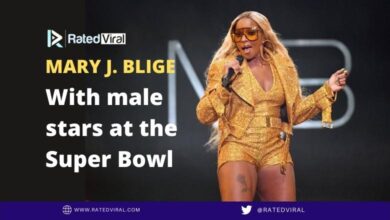 Mary J. Blige with male stars at the Super Bowl