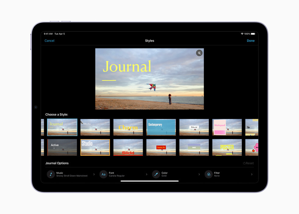 Apple iMovie features storyboards style big carousel 